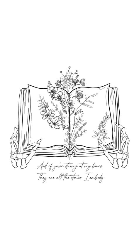 Tattoos With Books And Flowers, Hozier Inspired Drawings, New Found Glory Tattoo, Book Skeleton Tattoo, Fourth Wing Book Tattoo, Skeleton With Book Tattoo, Book Tattoo Designs Drawings, Book Memorial Tattoo, Book Tattoo Ideas Dark Romance