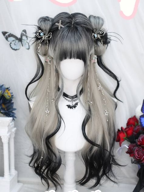 Gothic Wigs, Long Hair Reference, Black And White Ombre, Stylish Bangs, Hairstyle Wigs, Pretty Hair Cuts, Wigs Hairstyles, Black And White Hair, Cool Hair Designs