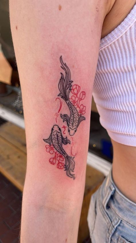 Red Tattoo Ideas, Red Tattoo, Small Pretty Tattoos, Koi Fish Tattoo, Red Ink Tattoos, Pretty Tattoos For Women, Fish Tattoo, Red Tattoos, Discreet Tattoos