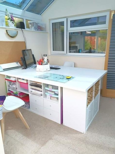 Table built with Ikea Kallax shelf units with Lagkapten Table tops Sewing Office Room, Ikea Kallax Shelf Unit, Craft Room Organization Storage, Ikea Kallax Shelf, Ikea Crafts, Diy Sewing Table, Shelf Units, Sewing Room Inspiration, Kallax Shelf