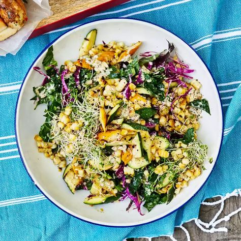 Grilled Squash, Corn and Kale Salad with Sunflower Seed Vinaigrette Recipe - Eli Sussman, Max Sussman Alfalfa Sprouts Recipes, Recipes Squash, Grilled Squash, Side Salads, Alfalfa Sprouts, Csa Recipes, Vegetarian Cabbage, Vinaigrette Recipes, Corn Recipes