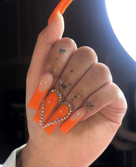 Orange Acrylic Nails, Orange Nail, Long Acrylic Nail Designs, Tapered Square, Drip Nails, Edgy Nails, Glow Nails, Dope Nail Designs, Long Acrylic Nails Coffin