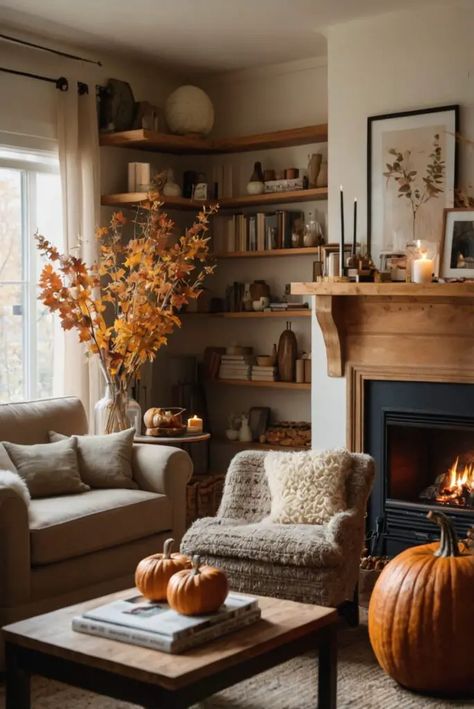 Upgrade Your Home Aesthetic: Top 5 Cozy Fall Tips - West Pear Interiors Cozy Living Rooms Fall, Fall Cottage Interior, Family Room Fall Decor, Autumn Aesthetic Room Ideas, Classic Fall Decor Ideas For The Home, Fall Decorations Fireplace, Home Autumn Decor, Fall Home Interior, Autumn Indoor Decor