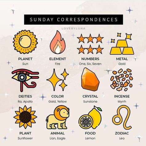 @mysticwitchofthemoon on Instagram: “Correspondences for Sunday.☀️ Credit- @lovebyluna . . #witchy #witchesofinstagram #wiccansofinstagram #witchlife #witch #witchcraft #wicca…” Witch Rituals, Teen Witch, Alphabet Symbols, Astrology And Horoscopes, Witch Magic, Wiccan Spells, Mind Body Spirit, Witchy Vibes, Spell Book