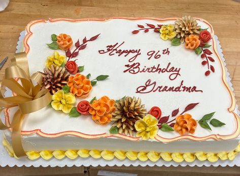 Fall Themed Sheet Cakes, Fall Birthday Sheet Cake, Fall Birthday Sheet Cake Ideas, Fall Sheet Cake Design, Sheet Cake Designs Birthday Women, Fall Sheet Cakes Decorated, Full Sheet Cake Designs, Fall Decorated Cakes, Fall Sheet Cake