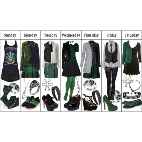 Slytherin Wardrobe by ashlynknight on Polyvore featuring Uniqlo, Chanel, Miu Miu, Anthony Vaccarello, Moschino, CO, Boglioli, Dolce&Gabbana, Charlotte Russe and rag & bone Slytherin Wardrobe, Slytherin Clothes, Slytherin Outfit, Dr Ideas, Slytherin Fashion, Citate Harry Potter, Stile Harry Potter, Hogwarts Outfits, Slytherin Pride