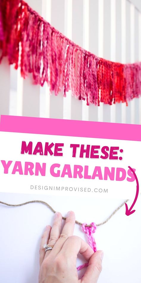 Yarn garland hanging headboard of bed Yarn Curtains Diy, Christmas Yarn Garland Diy, Diy Hanging Garland, Yarn Decorations, Homemade Tassel Garland, Crochet Party Decorations, Yarn Diy Decor, Handmade Party Decorations, Chunky Yarn Garland Diy