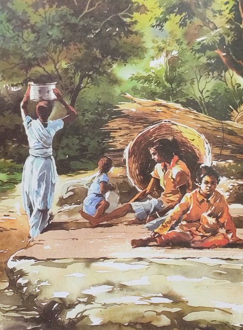 Subject Drawing Watercolor Painting, Lakshmi Actress, Figure Composition, Village Scene Drawing, Village Drawing, Figurative Art Painting, Memory Drawing, Rural Photography, Watercolor Scenery