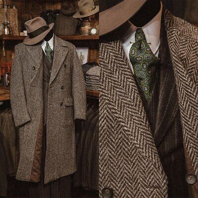 Great Shopping Herringbone Wool Blend Coat Men Long Overcoat Double Breasted Winter Business, Mens Clothing Wool Suits Men, Mens Blazer Outfit Formal, English Gentleman Style Vintage, Mens Suit Style, Tweed Men, Gentleman Outfit, Classic Menswear, Long Overcoat, Outfits Hombre