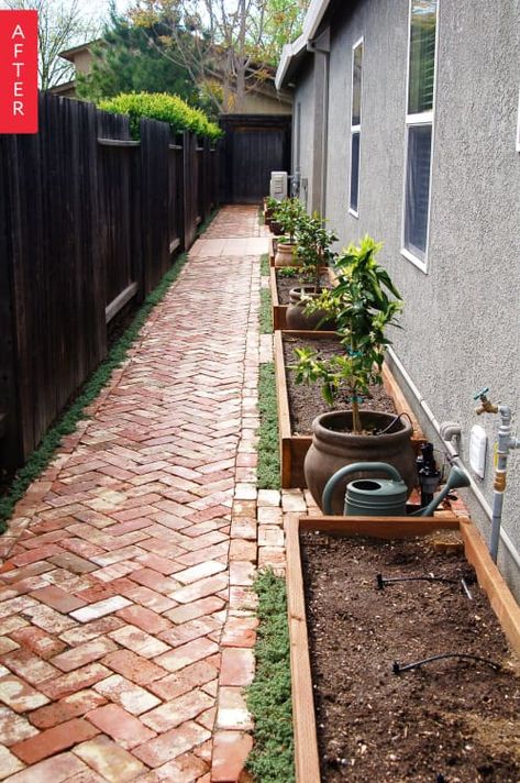 Yard Before And After, Small Yard Landscaping, Pavers Backyard, Side Yard Landscaping, Brick Walkway, Side Yards, Grow Vegetables, Suburban House, Garden Wallpaper