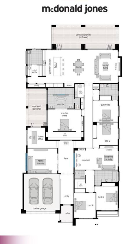 4 Bedroom House Floor Plan, Interior Architecture Presentation, Floor Plan Elevation, House Plans Australia, Single Storey House Plans, Plan Elevation, 2d Floor Plan, Three Bedroom House Plan, Interior Design Layout