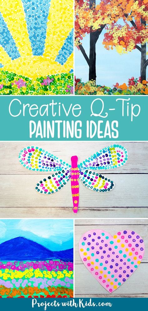 A Tip Painting, Q Tip Art Dot Painting, Q Tips Painting, Dot Paint Preschool Activities, Paint With Q Tips, Easy Spring Paintings For Kids, Q Tip Painting Preschool, Qtip Painting Ideas Preschool, Q Tip Flowers Painting