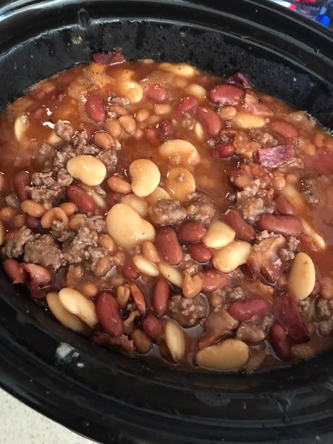 crockpot of Calico Beans – Recipes on a Budget Beans Cornbread, Calico Beans Recipe, Dinner For 6, Calico Beans, Pork And Beans, Beans And Cornbread, Beans In Crockpot, Canned Butter, Pork N Beans