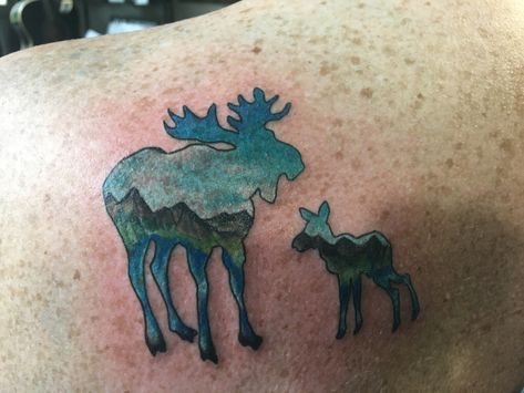 Moose tattoo Moose Family Tattoo, Bear And Moose Tattoo, Moose Tattoo Design, Small Moose Tattoo Simple, Moose Tattoo For Women, Minimal Moose Tattoo, Moose Tattoos, Alaskan Tattoos, Alaska Scenery