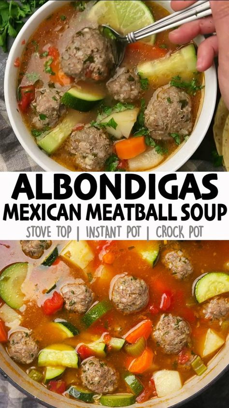 This Albondigas Soup, is a hearty, healthy, Mexican soup made with beef & rice meatballs, potatoes, and veggies cooked in a flavorful tomato broth. It's an easy one-pot meal made on the stove top! But you can also make it in the Instant Pot or Crock Pot...instructions included! Click for the full detailed recipe and video! #albondigas #caldo #souprecipeeasy #glutenfreerecipes #onepotmeal #healthyfood Frozen Meatball Soup Recipes Easy, Albondigas Soup Recipe Instant Pot, Keto Albondigas Soup Recipe, Abondigous Soup, Abongidas Soup, Albondigas Soup Recipe Mexican Authentic, Abondagus Soup, Meatballs Potatoes, Albondigas Soup Recipe Mexican