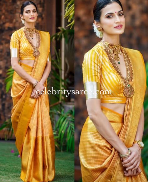 Shilpa Reddy Yellow Stripes Silk Saree Striped Blouse Designs, Shilpa Reddy, Keep Me Stylish, Latest Bridal Blouse Designs, Saree Wearing Styles, Saree Wearing, Saree Draping Styles, Indian Saree Blouses Designs, Silk Saree Blouse Designs