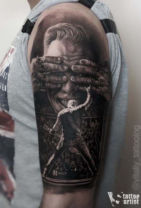 Metallica Sleeve Tattoo, Rock Metal Tattoo, Metallica M Tattoo, Fall Out Tattoo, Heavy Metal Tattoo Ideas For Men, Metallica Tattoo Women, Metallica Tattoo Sleeve, Rock Tattoo Music, James Hetfield Tattoo