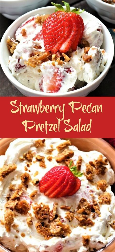 Pretzel Salad Recipe, Strawberry Cheesecake Salad, Strawberry Pretzel Salad Recipe, Strawberry Salad Recipe, Strawberry Fluff, Pretzel Desserts, Creamy Salad, Pecan Desserts, Strawberry Pretzel Salad