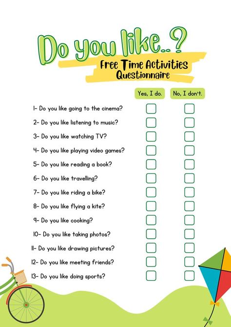 Free Time Activities Worksheets, Things I Like, Games For Learning English, Leisure Time Activities, Esl Ideas, Materi Bahasa Inggris, Simple Graphic Design, Free Time Activities, English Teaching Materials