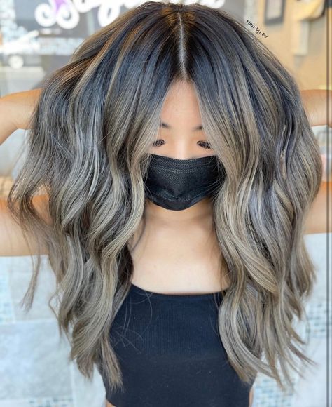 Balayage Hair For Asian Hair, Asian Ash Brown Highlights, Ash Balayage With Money Piece, Blonde Balayage For Asian Hair, Asian Balayage Ashy Blonde, Brunette To Grey Balayage Hair, Ash Blonde Balayage Black Hair, Ash Blonde Hair Black Hair, Asian Balayage Short Hair