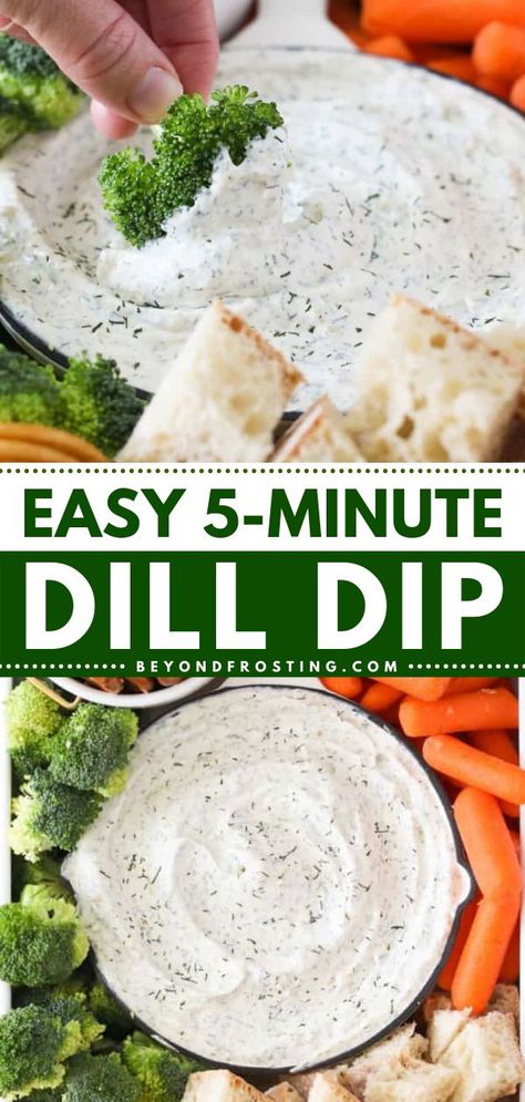 This easy appetizer recipe is ready in just 5 minutes! It's also a great snack idea. Cool and creamy, this Dill Dip is perfect with garden fresh veggies, chips, pretzels, and more. Enjoy this savory dip in a bread bowl! Easy Dill Dip, Dill Dip Recipe, Easy Chip Dip, Bread Dips Recipes, Bread Bowl Dip, Dill Dip Recipes, Easy Homemade Snacks, Bread Bowl Recipe, Dill Dip