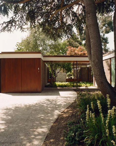 Exterior Design Mid Century Modern, Midcentury Bungalow Exterior, Mid Century Modern Curb Appeal Landscaping, Mcm New Build, 60s Exterior House, Mid Century Modern Bungalow Exterior, Mid Century Modern Architecture House, Modern London House, Mcm House Exterior