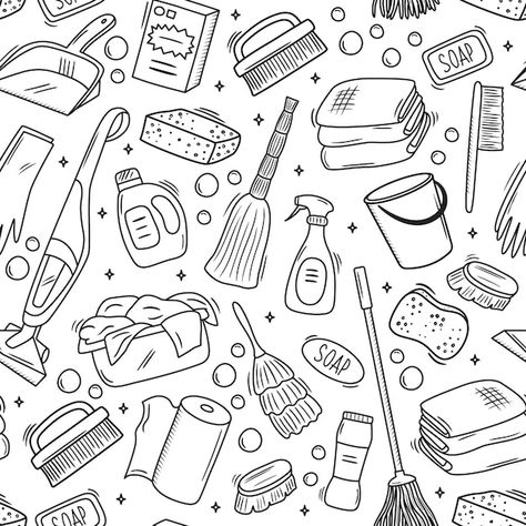 Seamless vector pattern with outline cle... | Premium Vector #Freepik #vector #cleaning #mop #cleaning-brush #cleaning-tools Drawings Of Cleaning Supplies, Cute Cleaning Pictures, Cleaning Coloring Pages, Cleaning Icons Logos, Cleaning Background Design, Cleaning Supplies Drawing, Cleaning Asthetic Picture, Cleaning Tools Drawing, Mop Drawing