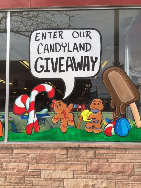 Candyland window painting of gingerbread man. Candyland giveaway. Window Paintings, Window Paint, Candy Land Theme, Window Painting, Candy Land, Christmas Love, Art Portfolio, Gingerbread Man, Christmas Decor