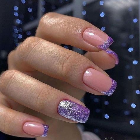 Nail Ideas Nail Polish, Sparkly French Tip Nails, French Nails Glitter, Purple Glitter Nails, Lavender Nails, Simple Gel Nails, French Acrylic Nails, Cute Gel Nails, Bride Nails