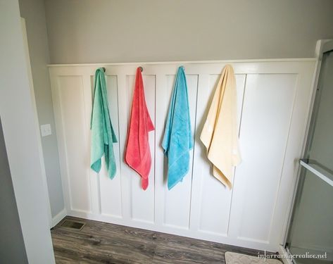 Bathroom Wall Hooks For Towels, Board Batten Bathroom, Bathroom Towel Hook Ideas, Bathroom Towel Wall, Towel Bars In Bathroom, Bathroom Wainscoting Ideas, Batten Bathroom, Bathroom Wall Hooks, Practical Bathroom