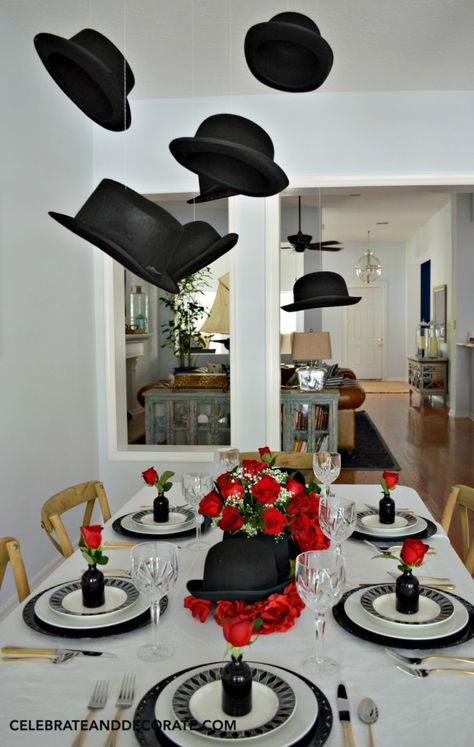 Derbys and Top Hats hang above a table celebrating the graduate with Hat's Off To You Fathers Day Centerpiece Ideas, Father’s Day Party Ideas, Father's Day Decorations Ideas, Birthday Themes For Men, Sopranos Party, Masculine Party, Tea Hats, Mens Birthday Party, Hollywood Party