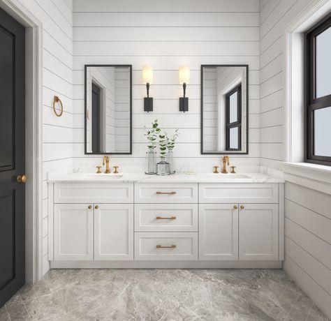 Shaker Style Bathroom, Black Bathroom Light Fixtures, Bathroom Vanity Style, Black Bathroom Light, Bad Inspiration, White Vanity Bathroom, Style Bathroom, Mirror Wall Bathroom, Bathroom Wall Sconces