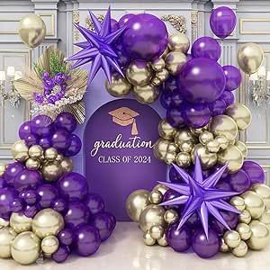 Purple and Gold Balloons Arch Kit, Dark Purple Gold Balloons Garland with Purple Mylar Explosion Star Balloon, Metallic Light Champagne Balloon Violet Royal Balloon for Graduate Luxury Decorations Balloon Garland Purple And Gold, Purple And Gold Christmas Balloons, Graduation Photobooth Decoration Ideas, Purple And Gold Graduation Party, Purple And Gold Balloons, Champagne Balloon, Centerpieces Christmas, Balloons Art, Champagne Balloons