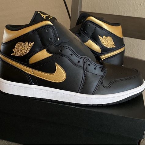 Air Jordan 1 Mid Black/Metallic Gold-White Jordan 1 Mid Black, Air Jordan 1 Mid Black, Air Jordan 1 Mid, Jordan 1 Mid, Black Metallic, Air Jordan 1, White Shop, Metallic Gold, Jordan 1