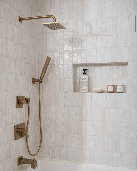 Gold Globe Bathroom Light, Modern Organic Shower Design, Riad Shower Tile, Garden Tub Shower Combo Tile, Rustic To Modern Makeover, Alcove Tub With Window, Artisan Bathroom Tiles, Signature Hardware Hibiscus Tub, Angled Wall Bathroom Layout