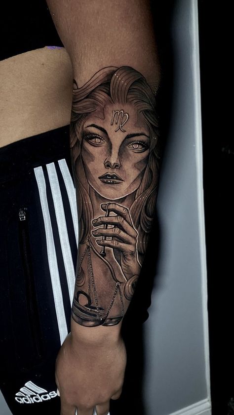 A captivating tattoo of a female figure in a split-face design, showcasing Virgo zodiac traits on the arm - a bold and mysterious choice for Virgo women. Virgo Tattoo Ideas For Women, Virgo Tattoo For Men, Virgo Tattoo Ideas, Tattoo Stencils For Men, Walk Ins Welcome, Black And Gray Ink Tattoo, Photo Realism Tattoo, Tattoo Studio Design, Night Tattoo