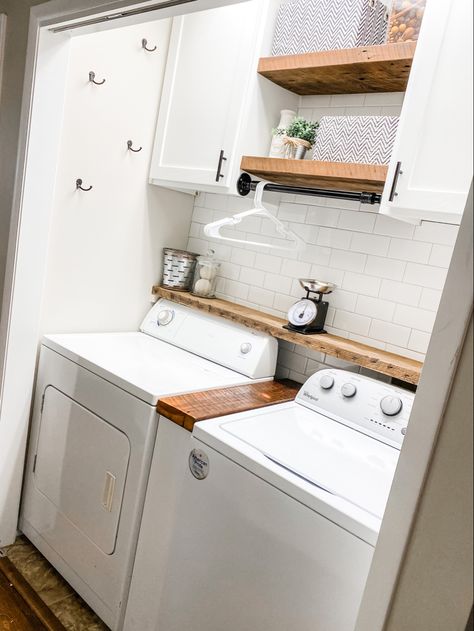 Laundry Room Ideas Storage Cabinets, Too Loader Laundry Room Ideas, Storage In Laundry Room Small Spaces, Small Bathrooms With Laundry Area, Small Laundry Area In Kitchen, Small Laundry Room Design With Window, Top Loader Laundry Closet, Small Space Laundry Closet, Laundry Room Ideas Small Space Top Loader