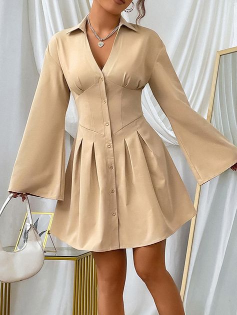 Khaki Casual Collar Long Sleeve Fabric Plain Shirt Embellished Non-Stretch  Women Dresses Convocation Dress, Dresses For Women Classy, Casual Gowns, Modest Dresses Fashion, Chic Dress Classy, 2piece Outfits, Blouse Casual Fashion, Simple Gowns, Cute Casual Dresses