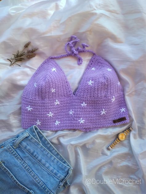 Lavender Crochet Top, Purple Crochet Projects, Flower Top Crochet, Purple Crochet Top, Tops A Crochet, Diy Clothes Hacks, شال كروشيه, Purple Crochet