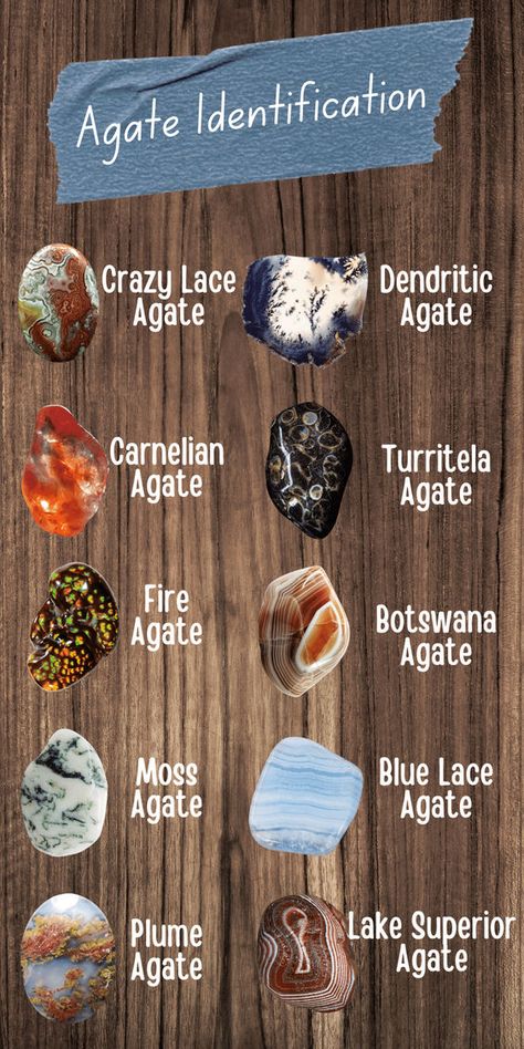 There are many different types of agates out there. Many are naturally occuring while others are trade names of other stones. Here are 9 different types of agates with pictures to help you identify the types of agates you have. Great for rockhounds and collectors of rocks, minerals and crystals. Types Of Agate, How To Identify Rocks, Raw Gemstones Rocks, Crystal Identification, Rock Identification, Gemstones Chart, Healing Rocks, Rock Tumbling, Agate Rocks