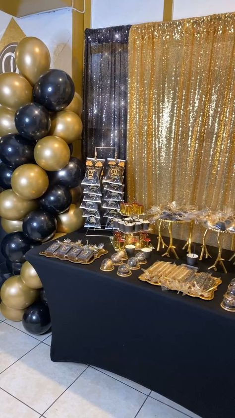 Birthday party decoration idea with black and gold balloons and party backgroun… [Video] | Black and gold party decorations, Birthday decorations, 50th birthday decorations Gold Party Decorations Birthday, Festa All Black, Black And Gold Party Decorations, Black And Gold Party, Gold Birthday Party Decorations, Black And Gold Balloons, 50th Birthday Decorations, Gold Party Decorations, Gold Birthday Party