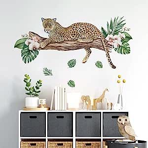 Yovkky Cheetah Leopard Wall Decals Stickers, Safari Jaguar Trunk Palm Leaves Home Bedroom Decor, Wild Jungle African Animal Tropical Flower Living Room Kitchen Decorations Art Girls Wall Stickers, Leopard Wall, Stick Wall Art, Animal Wall Decals, Bedroom Renovation, Smooth Walls, Nursery Inspiration, Tropical Decor, Kitchen Room