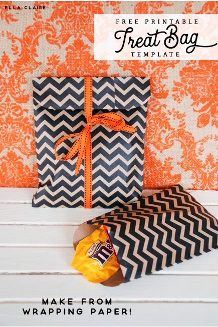 DIY Halloween treat bags with free printable template- made out of wrapping paper and a fun way to personalize bags for trick or treaters or kids and/or adults parties!  #DIY #freeprintable #halloween Diy Treat Bag, Halloween Treat Bags Diy, Diy Halloween Treats, Party Supply Store, Halloween Treat Bags, Treat Holder, Halloween Treat, Trick Or Treater, Candy Bags