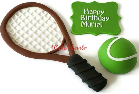 Fondant Tennis Cake Toppers, Tennis Racket, Tennis Ball, and Plaque Cake Decorations for birthday, retirement, and more! Fondant Tennis Racket, Tennis Racket Cake, Games Cake, Tennis Cake, Fondant Letters, Racket Tennis, Tennis Net, Fondant Cake Toppers, Wilton Cakes