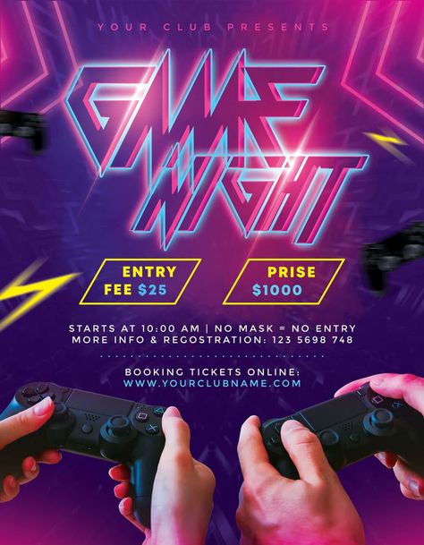 Download the Free Game Night Flyer PSD Template! - Free Flyer Templates - #FreeFlyerTemplates - #ESport, #Event, #Game, #Night, #Party, #Tournament Video Game Lounge Business, Gaming Posters Design, Video Game Tournament Poster, Esports Gaming Poster Design, Esports Tournament Poster, Game Event Poster, Game Poster Design Graphics, Gaming Poster Design, Meta Logo