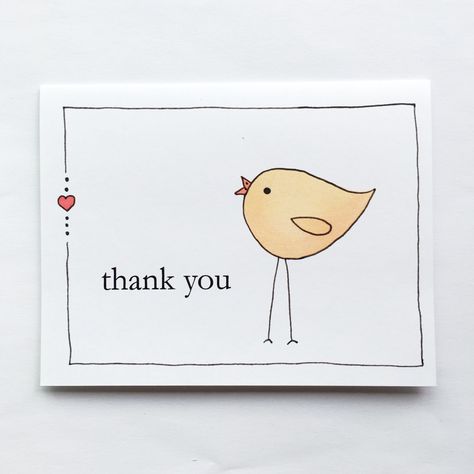 The little bird wants to chirp out a message of thanks. This is a print of a hand drawn card. I drew the illustration and added in some additional text.  It comes with an envelope and is sized at 4.25" x 5.5".   These cards are professionally printed on 130# Matte Cardstock and cost $5 including shipping. I send these cards through lettermail via Canada Post or ChitChats and so there is no tracking. Homemade Card Designs, Watercolour Ideas, Show Gratitude, Cute Thank You Cards, Hand Drawn Cards, Etsy Cards, Get Well Wishes, Fabric Cards, Thank You Note Cards