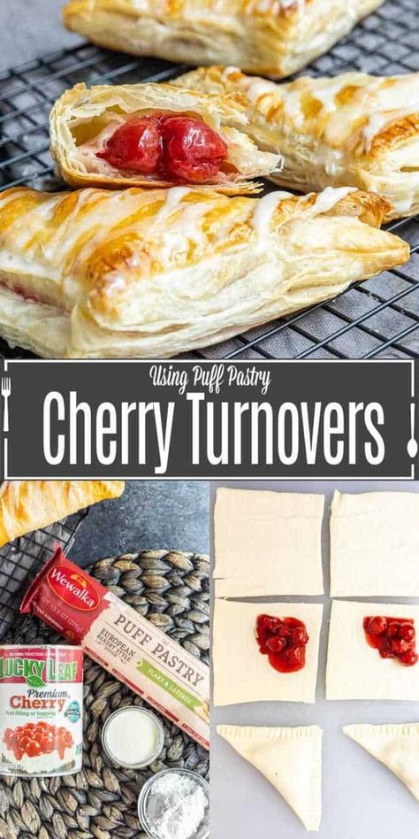 Easy cherry turnovers are portable cherry pies with a light and flaky puff pastry crust. This recipe from Home. Made. Interest. is made in only a few minutes and is a great make ahead dessert for busy weeknights and parties. Make these for a fun Valentine's Day treat for your kids or loved one. Easy Cherry Turnovers, Cherry Turnovers, Cherry Pies, Cherry Hand Pies, Puff Pastry Crust, Turnover Recipes, Puff Pastry Dough, Make Ahead Desserts, Baked Fruit