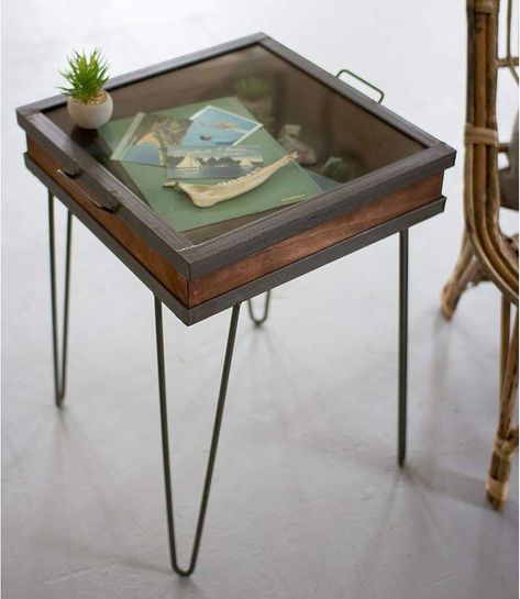 I love this recycled wood and metal  table!  Inspired by classic museum collection drawers, this accent table makes the case for displaying your favorite decorative objects. #ad #rusticdecor #countrydecor #sidetable Shadow Box Table, Shadow Box Coffee Table, Recycled Wood Projects, Cadre Diy, Diy Side Table, Diy Shadow Box, Table With Glass Top, Diy Rustic Decor, Into The Wood