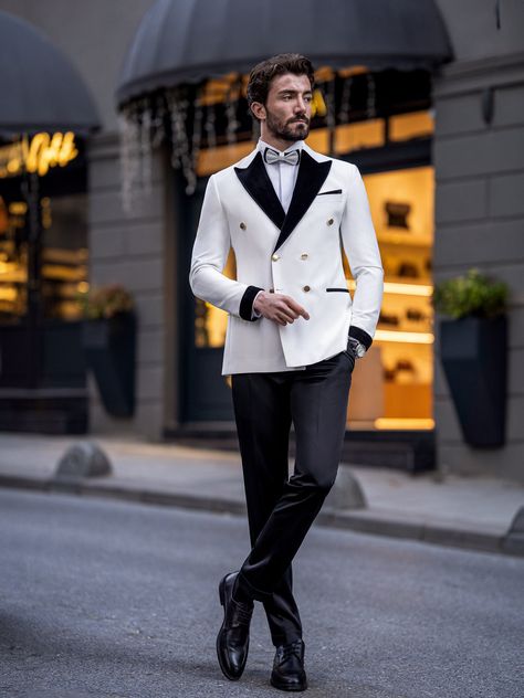 White Double Breasted Tuxedo 2-Piece Velvet Double Breasted Tuxedo, Bow Tie Suit, Modern Fit Suit, Double Breasted Tuxedo, Modern Suits, White Tuxedo, Wedding 2025, Tuxedo Blazer, Lapel Jacket