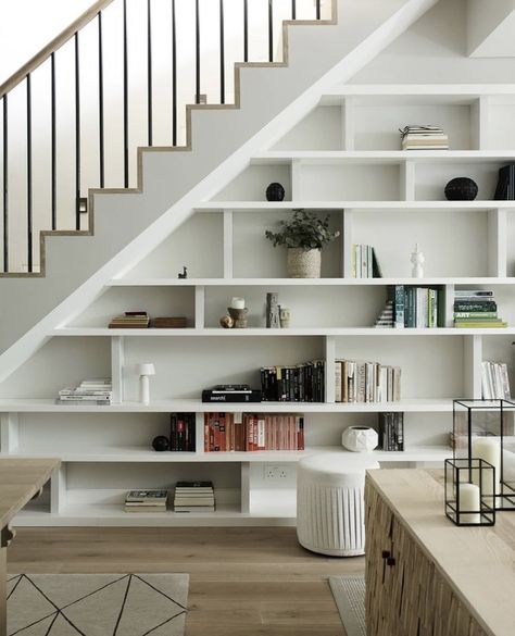 Under Stairs Shelving, Under Stairs Closet Organization, Under Stairs Storage Closet, Under Stairs Closet, Understairs Ideas, Shelves Under Stairs, Stairs Nook, Stair Bookshelf, Stairs Pantry